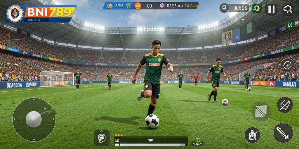 Tampilan gameplay seru dalam BNI789 yang menampilkan aksi sepakbola.